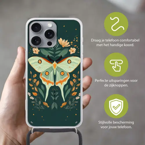 Sierlijk - Vlinder - Groen - Bladeren Hoesje iPhone 16 Pro Max met koord klein -sfeer2_NL