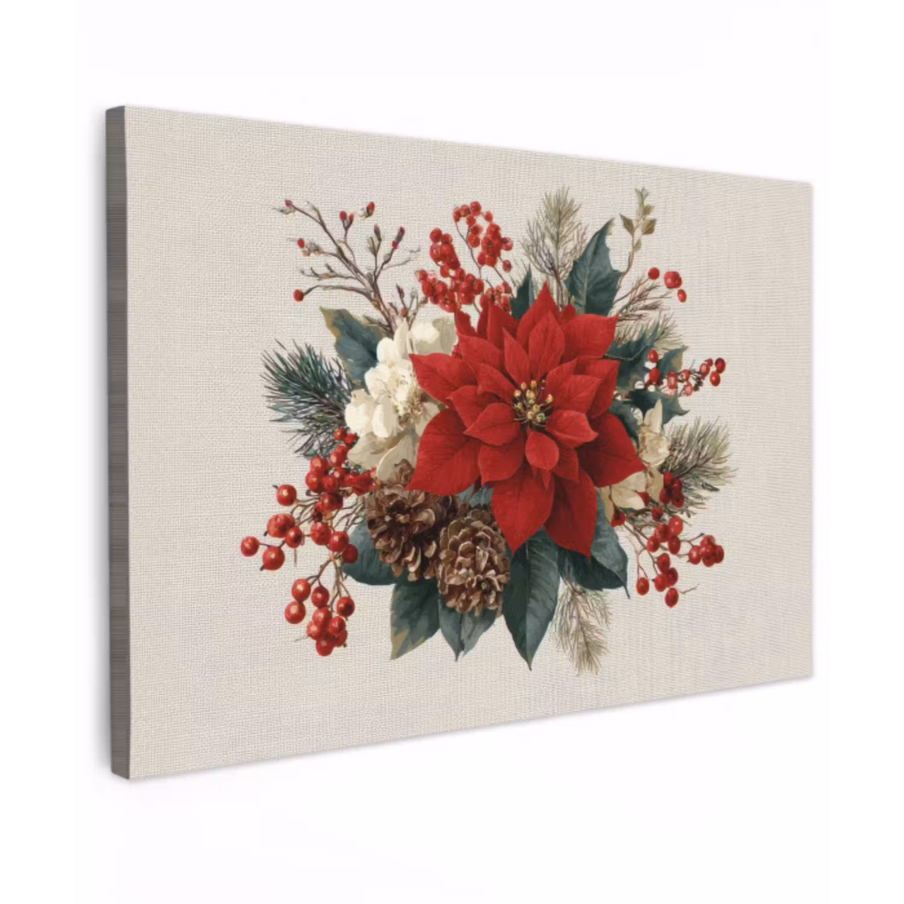 Kerststuk - Poinsettia - Dennenappels - Rood canvas 2cm klein -z3d