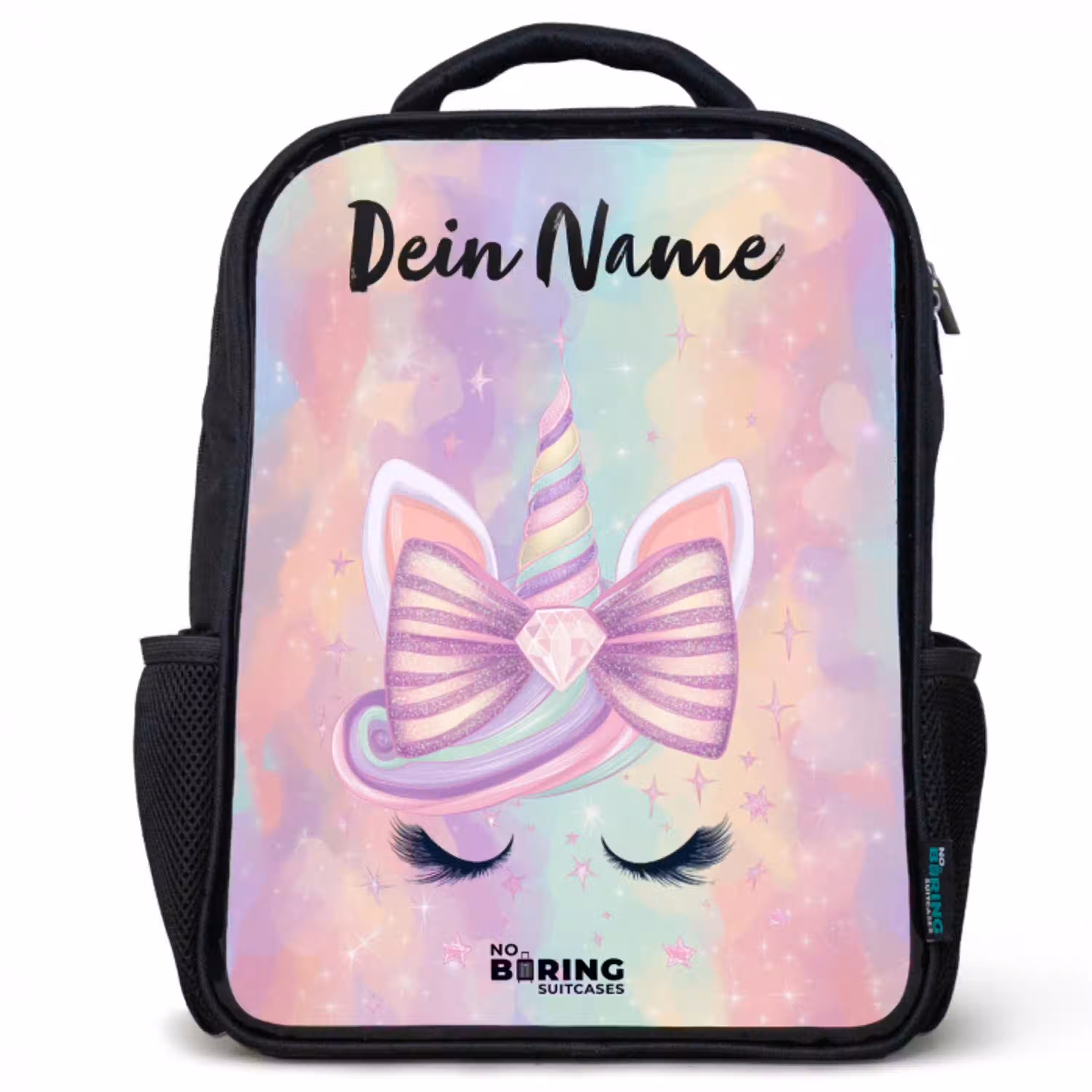 Eenhoorn - Glitters - Regenboog - Pastel Rugzak - Zwart middel -3d