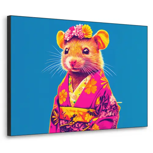 Muis - Kimono - Bloemen - Blauw Textielframe zwart klein -3d