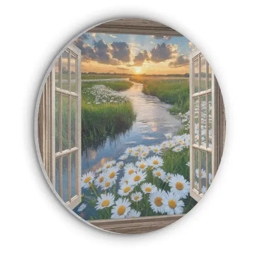 Doorkijk - Landschap - Raam - Water - Zonsondergang Akoestische PET Vilt - Rond klein -3d