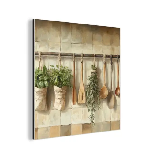 Hout - Keukengerei - Stilleven - Tegels aluminium wit klein -3d