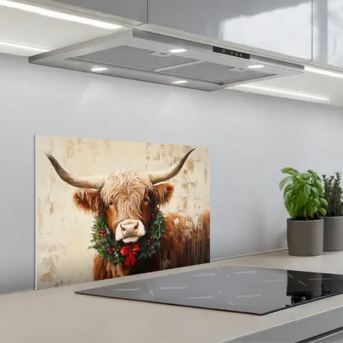 Kerst - Schotse Hooglander - Bruin - Krans keuken achterwand spatscherm klein -3d_schuin