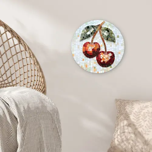 Kersen - Rood - Mozaïek - Blaadjes Wandcirkel kunststof plaat 5mm dik klein -sfeer5