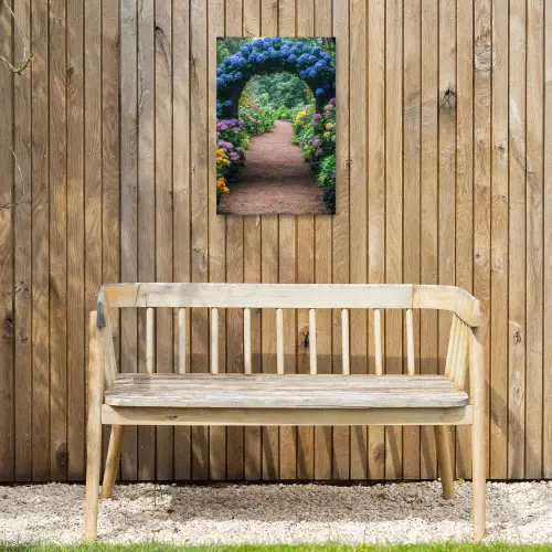 Doorkijk - Bloemen - Hortensia - Pad Tuinposter op houten frame 2 cm dik klein -sfeer4