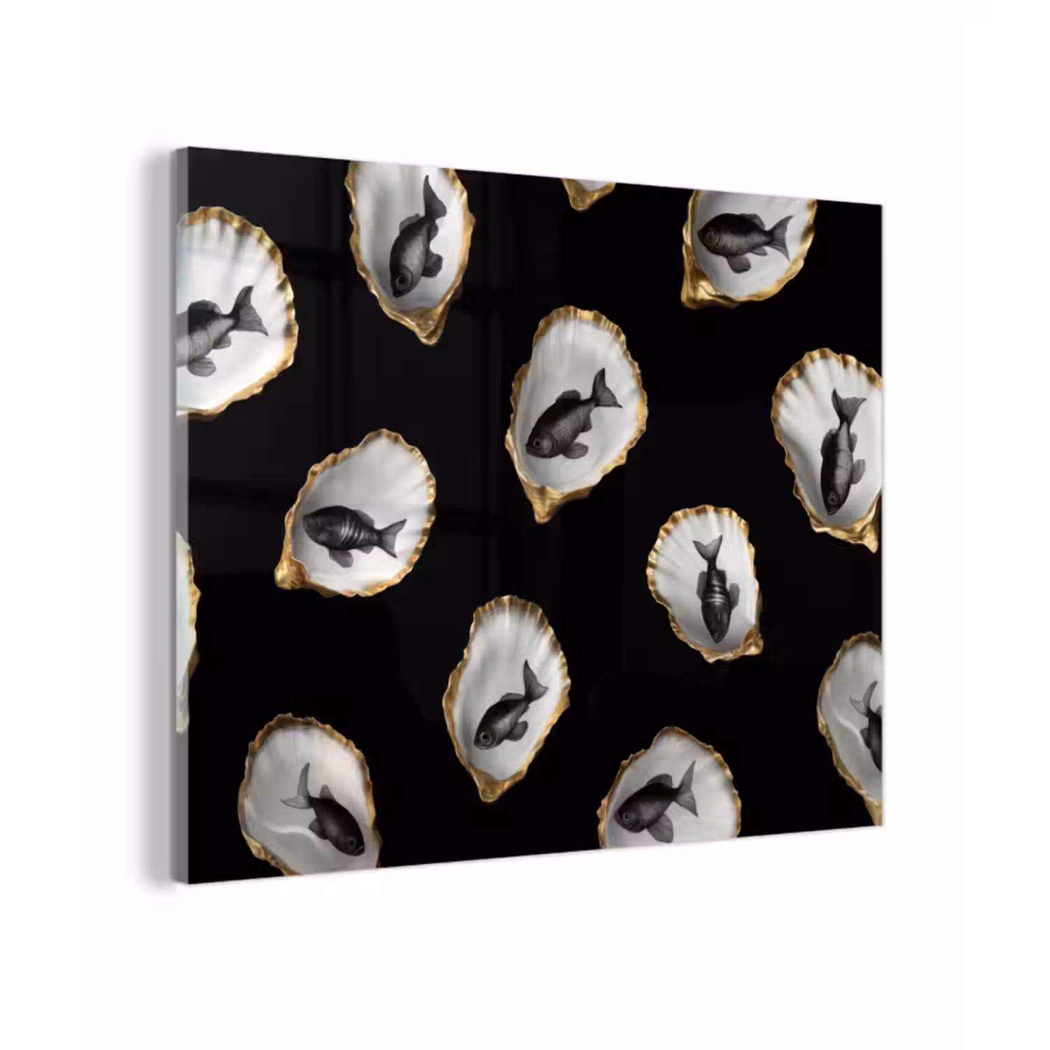 Glas schilderij - Oesters - Zwart - Vissen - Goud