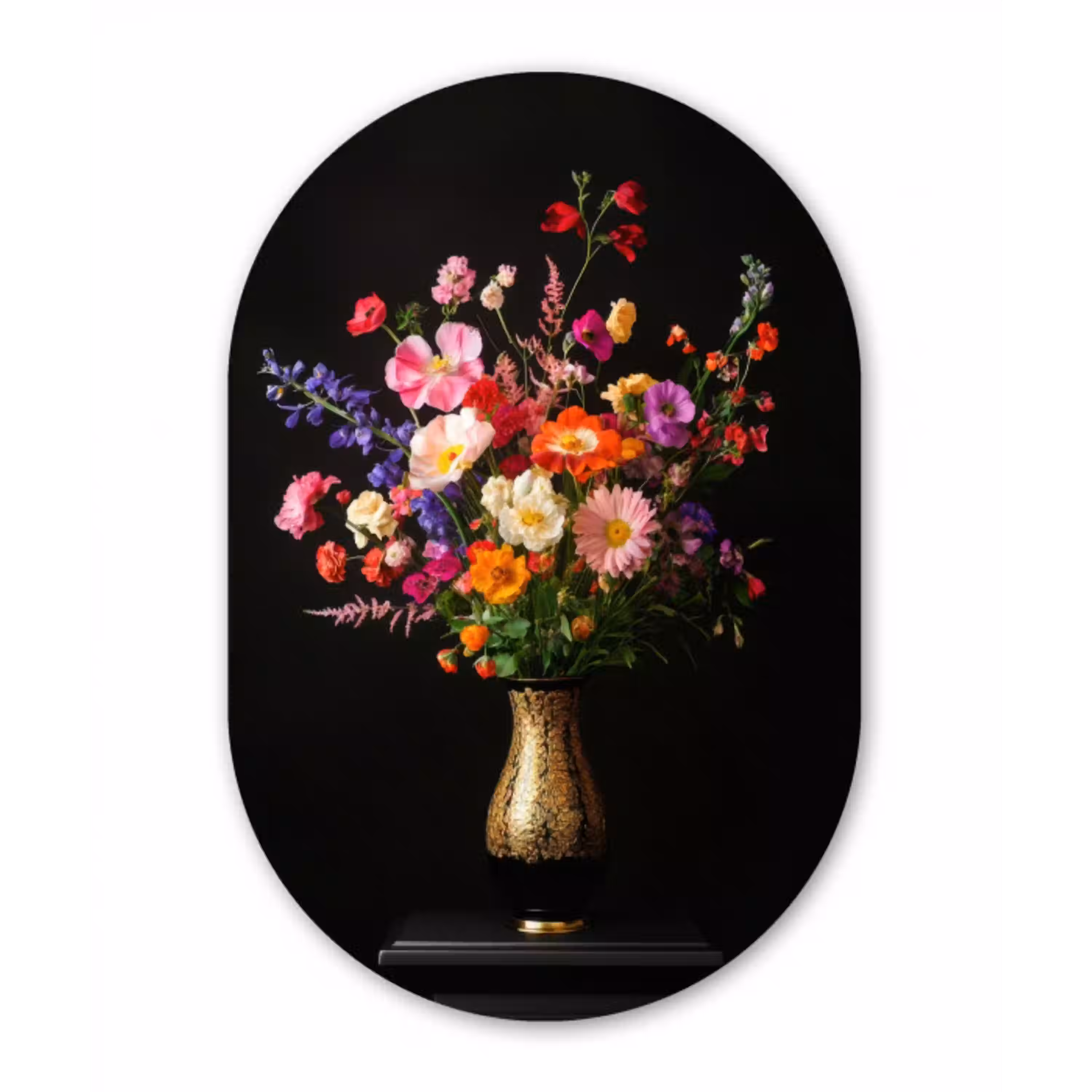 Kleurrijk - Boeket - Vaas - Goud Wandcirkel Ovaal Glas middel -3d
