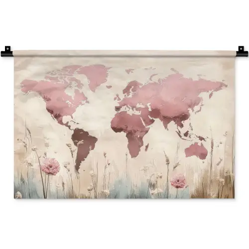 Wereldkaart - Roze - Bloemen Wandkleed katoen klein -zz3d