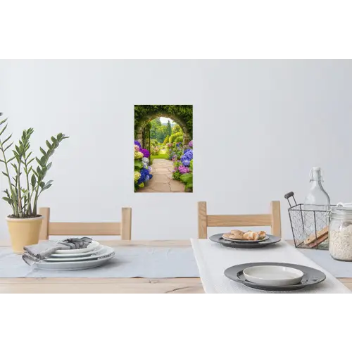 Doorkijk - Poort - Hortensia - Bloementuin Muursticker klein -eettafel