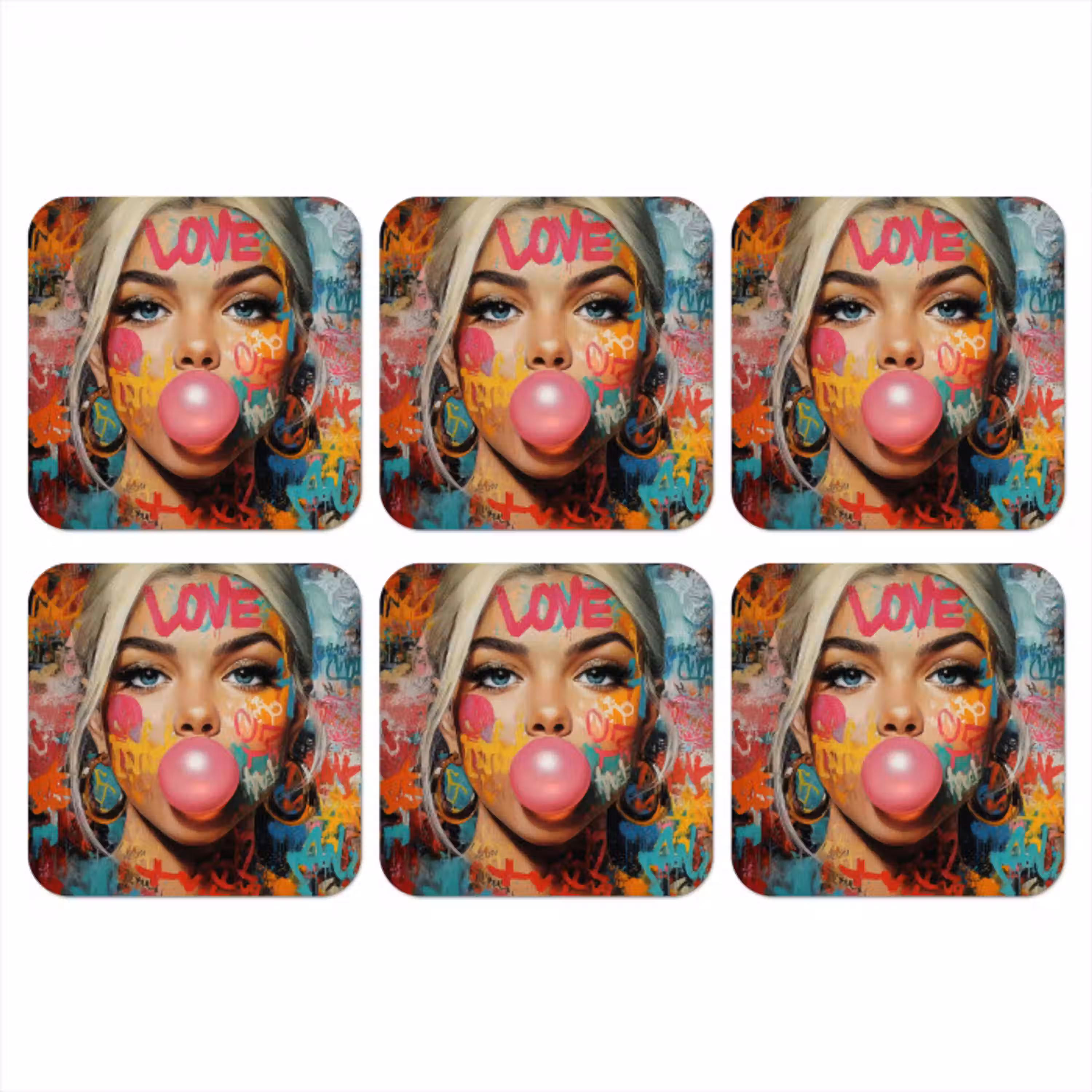 Vrouw - Kauwgom - Graffiti - Love onderzetter kurk middel -3d