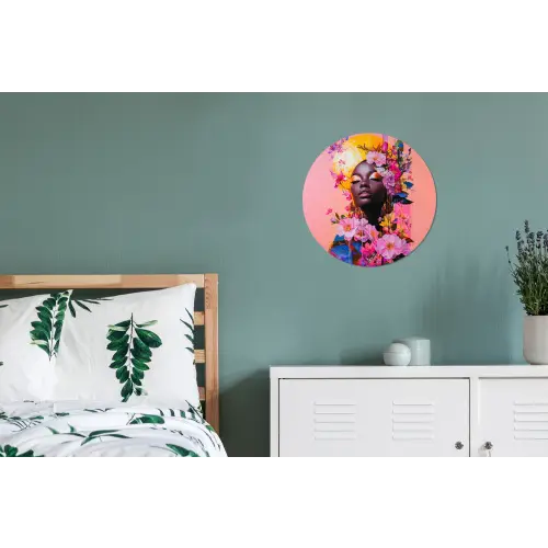 Kleurrijk - Bloemen - Vrouw - Zon Wandcirkel aluminium klein -slaapkamer