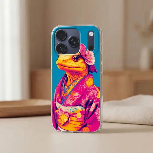 Bloemenkrans - Hagedis - Kimono - Paars Telefoonhoesje iPhone 17 Pro klein -sfeer2