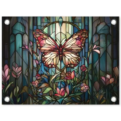 Vlinder - Roze - Bloemen - Bladeren tuinposter los doek klein -3d