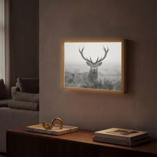 Hert - Mistig - Zwart - Wit Light Box met batterij (Wandlamp) middel -sfeer1