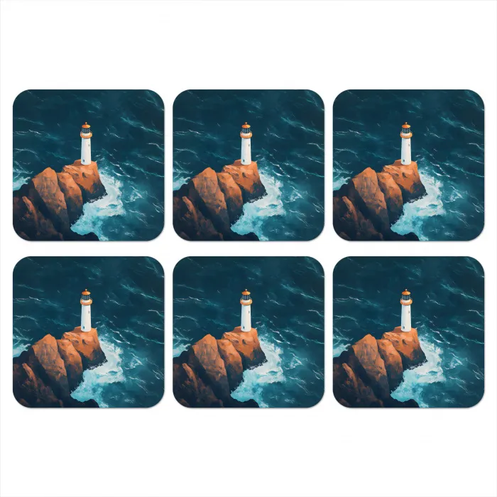 Vuurtoren - Rots - Zee - Golven onderzetter kurk middel -3d