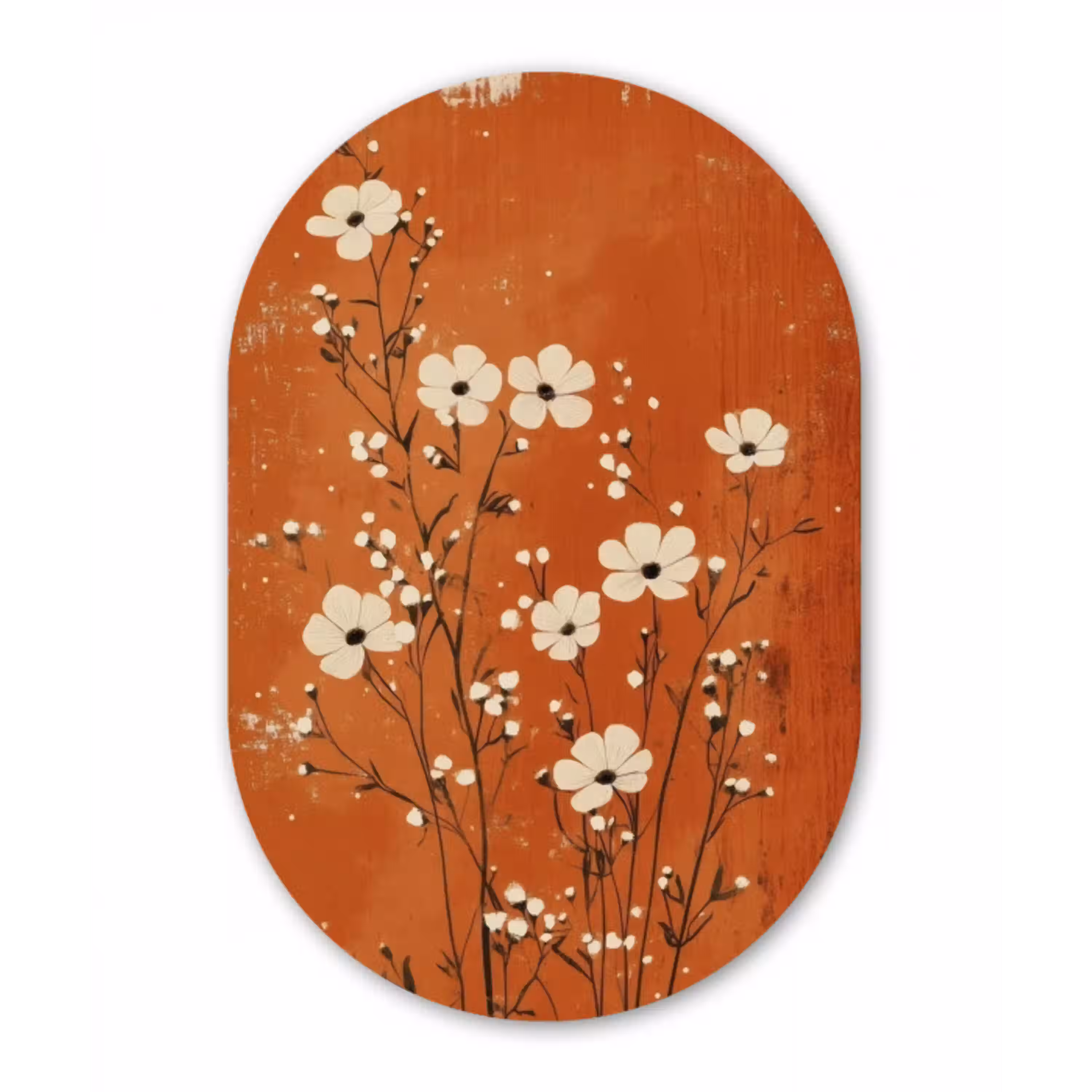 Bloemen - Wit - Subtiel - Roestkleur Wandcirkel Ovaal Aluminium middel -3d