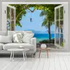 Doorkijk - Boom - Zee - Palmboom - Heuvels - Strand - Blauw fotobehang vinyl groot -woonkamer