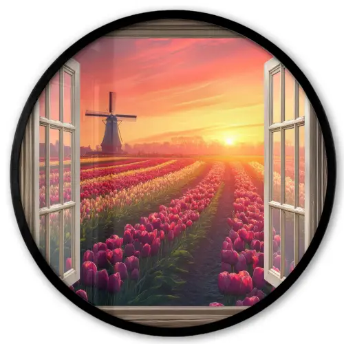 Doorkijk - Tulpen - Zonsondergang - Bloemen - Kleurrijk Fotolijst rond zonder passe partout klein -3d