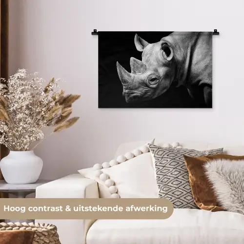 Dieren - Neushoorn - Zwart - Wit - Portret Wandkleed katoen klein -sfeer1