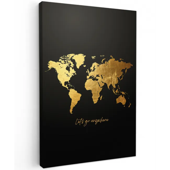 Goud - Glanzend - Wereldkaart - Luxe Tuinposter op houten frame 2 cm dik middel -3d