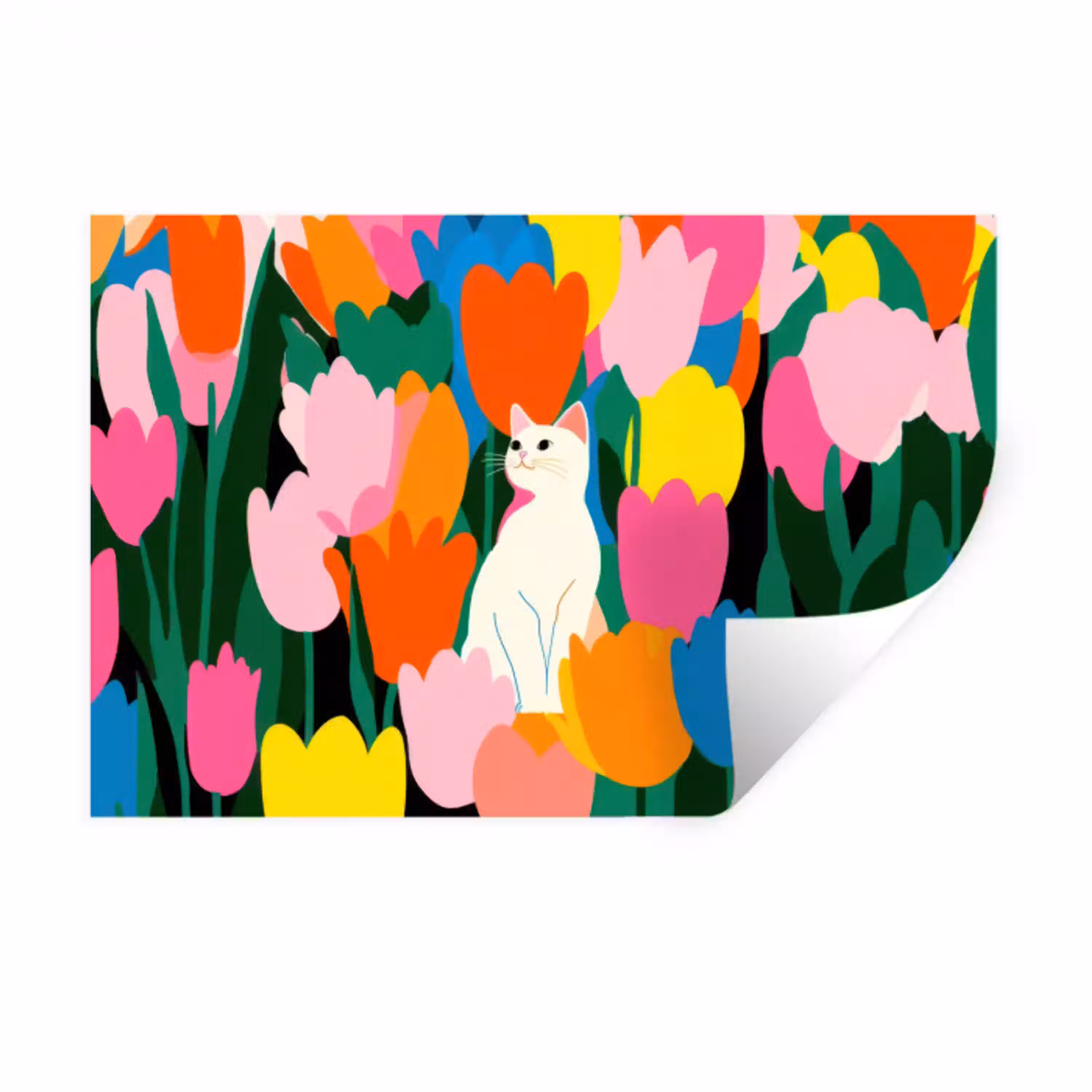 Tulpen - Kat - Kleurrijk Muursticker klein -3d