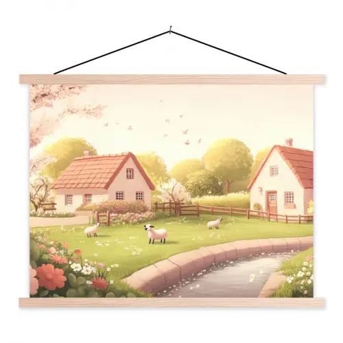Schapen - Huisje - Platteland textielposter latten blank klein -3d