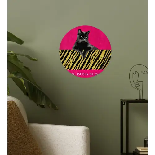 Kat - Baas - Roze - Tijgerprint Wandcirkel behangsticker klein -sfeer2