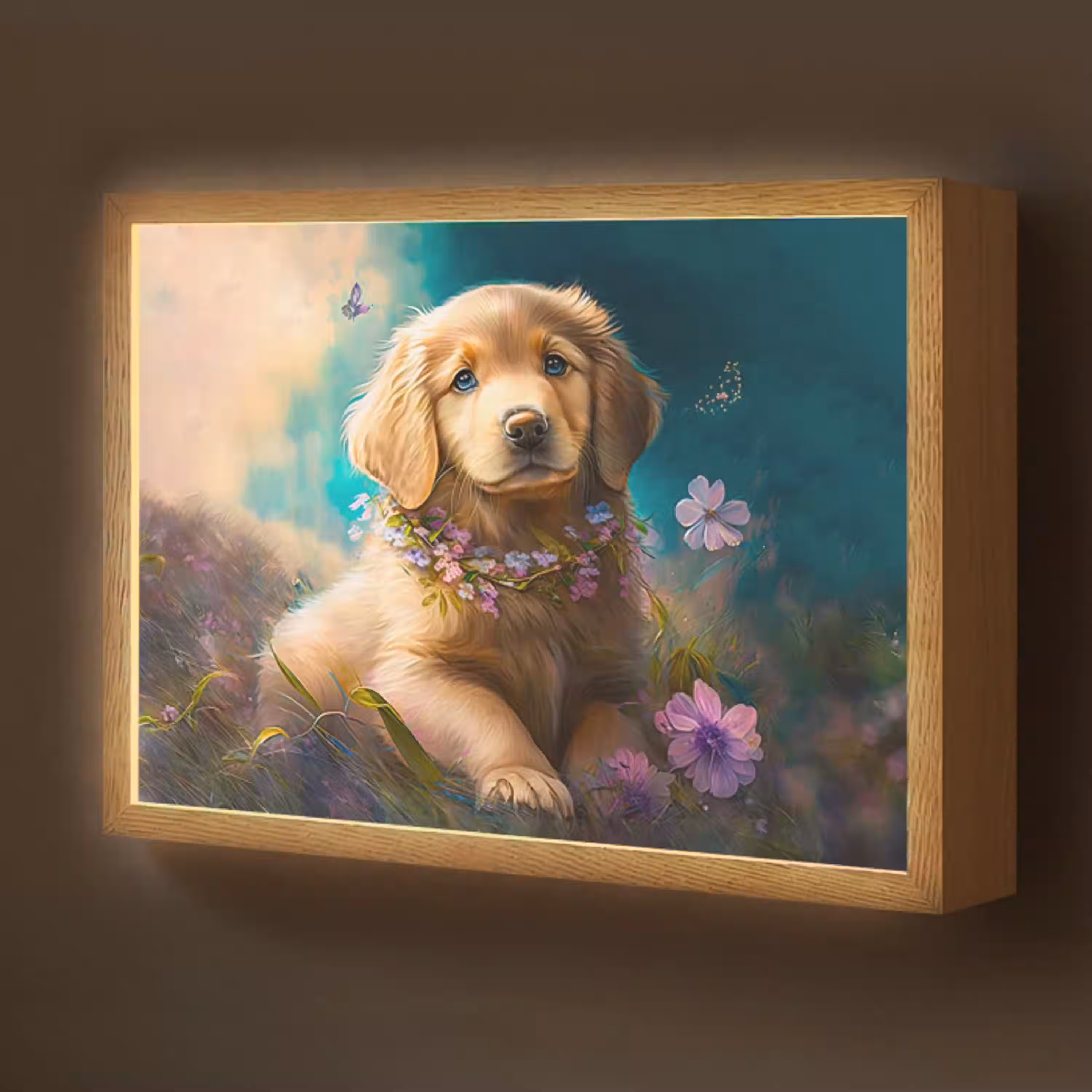 Puppy - Bloemenkrans - Vlinder - Hond - Golden retriever Light Box met batterij (Wandlamp kind) middel -z3d_website