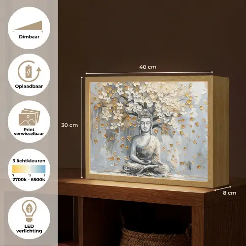 Boeddha - Bloemen - Boom - Goud - Modern Light Box met batterij (Wandlamp) middel -USP_websiteoverzichtNL