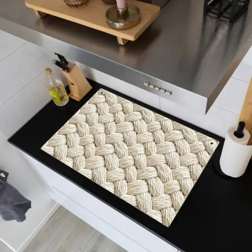 Touw - Gebreid - Beige Inductie beschemer met haakjes klein 777 -sfeer1