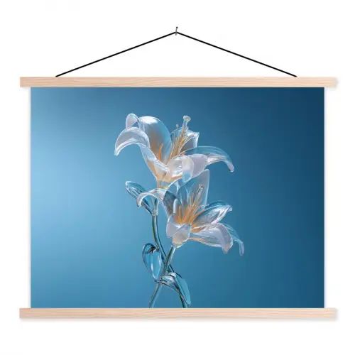 Lelies - Blauw - Glazen textielposter latten blank klein -3d