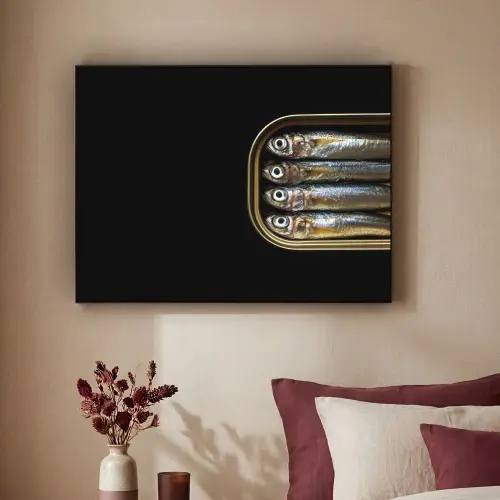 Sardines - Blik - Zwart - Vissen Textielframe zwart klein -sfeer1