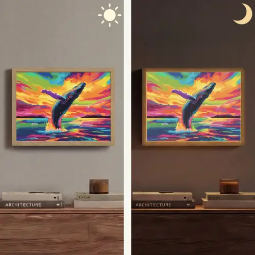 Zonsondergang - Walvis - Geschilderd - Kleurrijk Light Box met batterij (Wandlamp) middel -sfeer3
