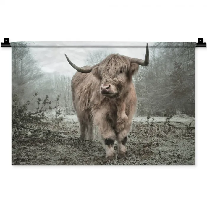 Schotse Hooglander - Bos - Mist - Koe - Dieren - Natuur Wandkleed katoen klein -zz3d