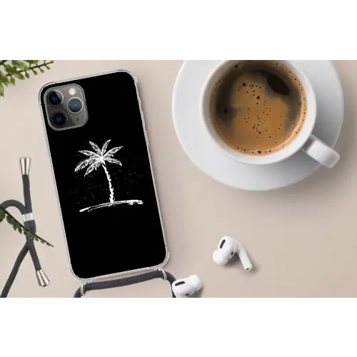 Palmboom - Wit - Zwart - Tropisch Hoesje iPhone 12 Pro met koord klein -oordop