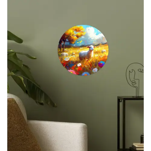 Schaap - Weide - Bloemen Wandcirkel behangsticker klein -sfeer2