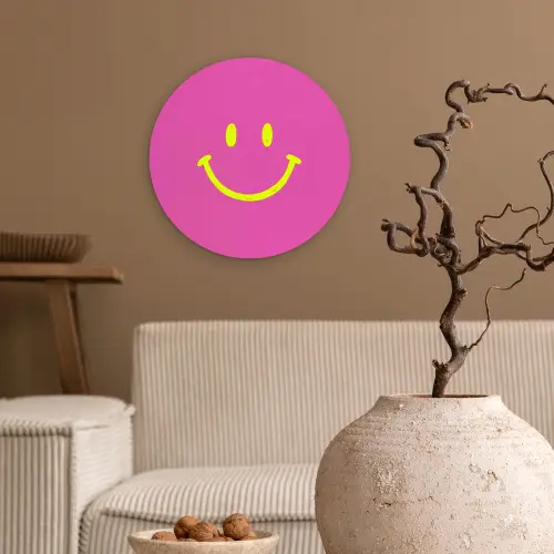 Smiley - Vrolijk - Roze Wandcirkel kunststof plaat 5mm dik klein -sfeer1
