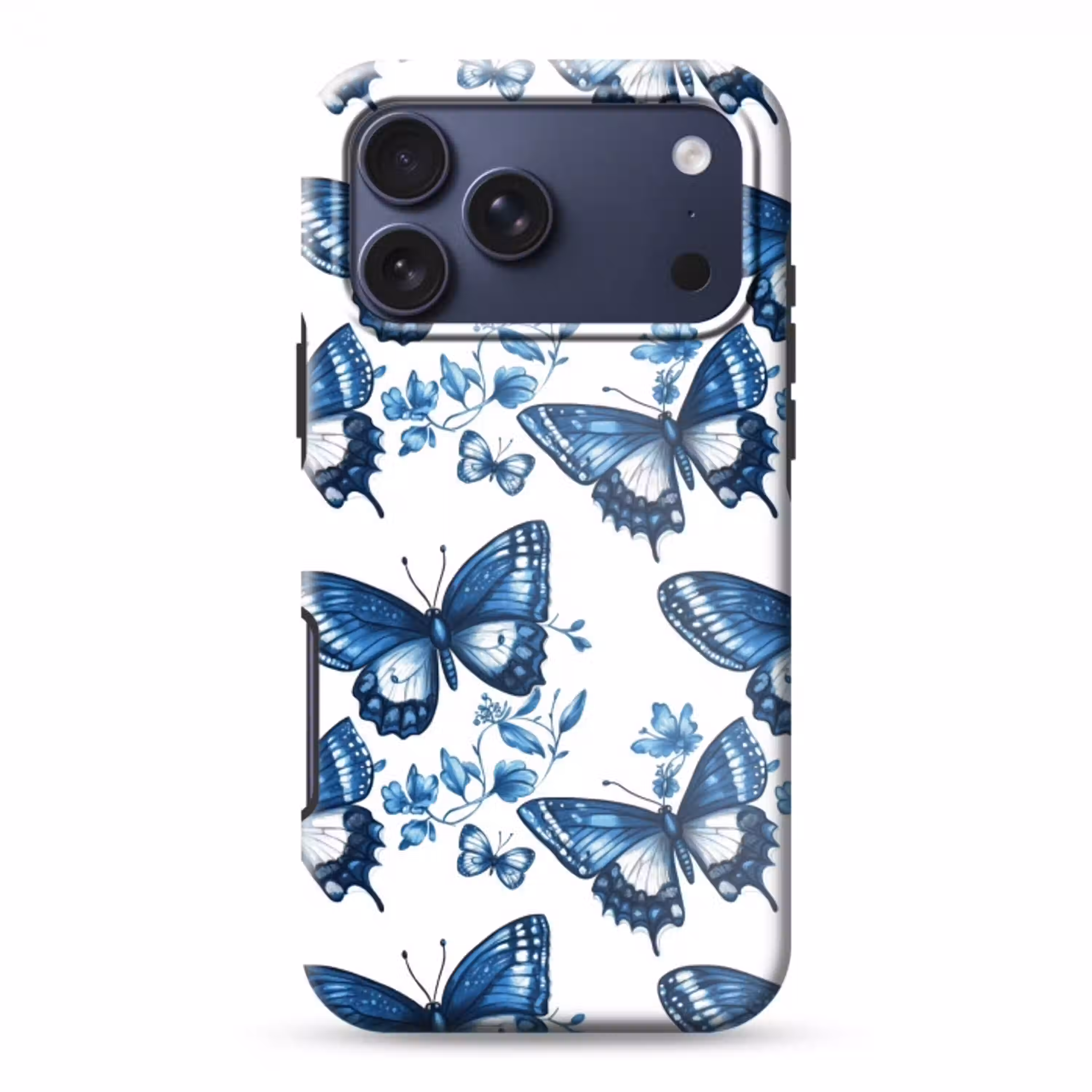 Blauw - Vlinders - Bloemen - Wit Toughcase MagSafe Apple iPhone 17 Pro Max klein 1019 -3d