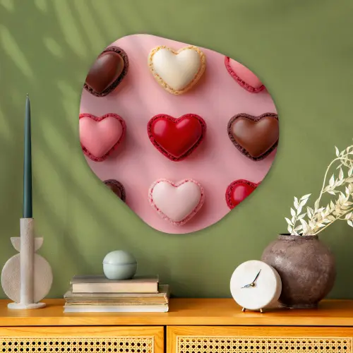 Macarons - Hartjes - Kleurrijk - Roze Wandcirkel Organisch Aluminium middel -sfeer2