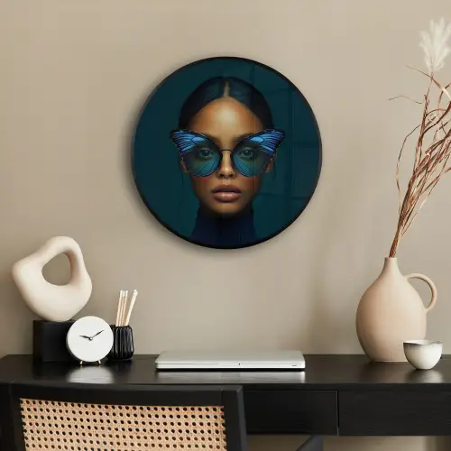 Vrouw - Vlinder - Bril - Blauw - Modern - Portret Fotolijst rond zonder passe partout klein -sfeer1