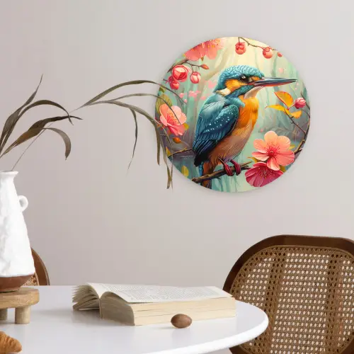 IJsvogel - Bloesem - Natuur - Vogels - Bloemen Wandcirkel kunststof plaat 5mm dik klein -sfeer4