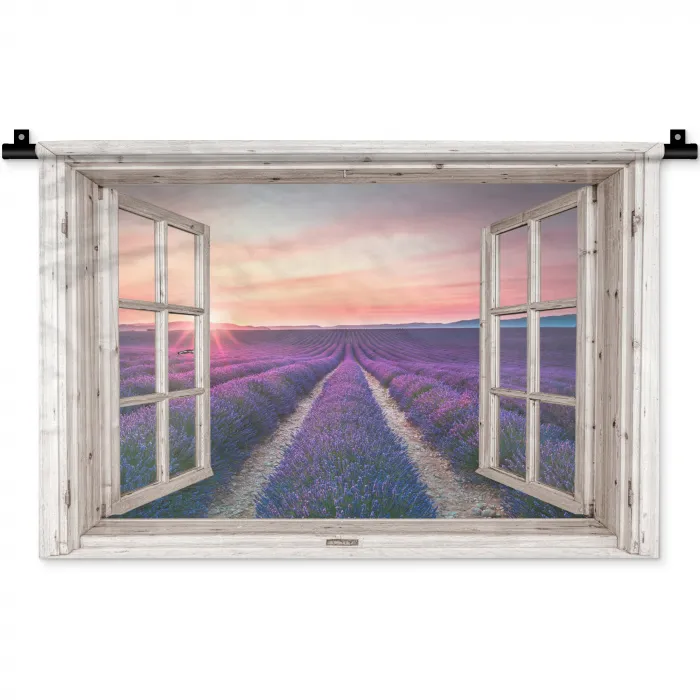 Doorkijk - Lavendel - Bloemen - Hout - Zonsondergang - Paars Wandkleed katoen klein -zz3d