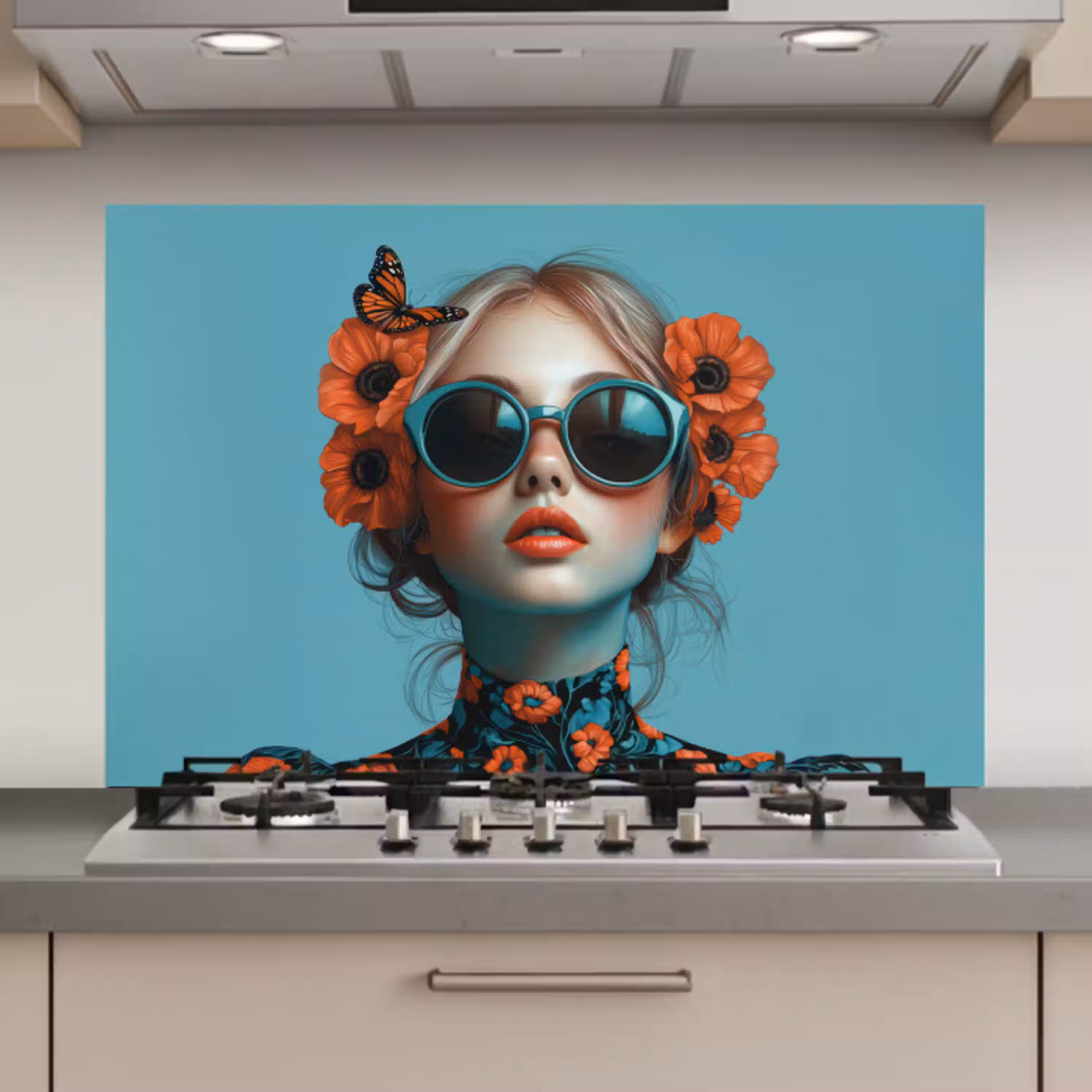 Vrouw - Blauw - Vlinder - Bloemen - Aesthetic keuken achterwand spatscherm klein -3d_website