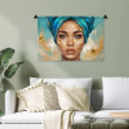 Portret - Vrouw - Schilderij - Blauw - Goud - Expressief Wandkleed katoen klein -sfeer7