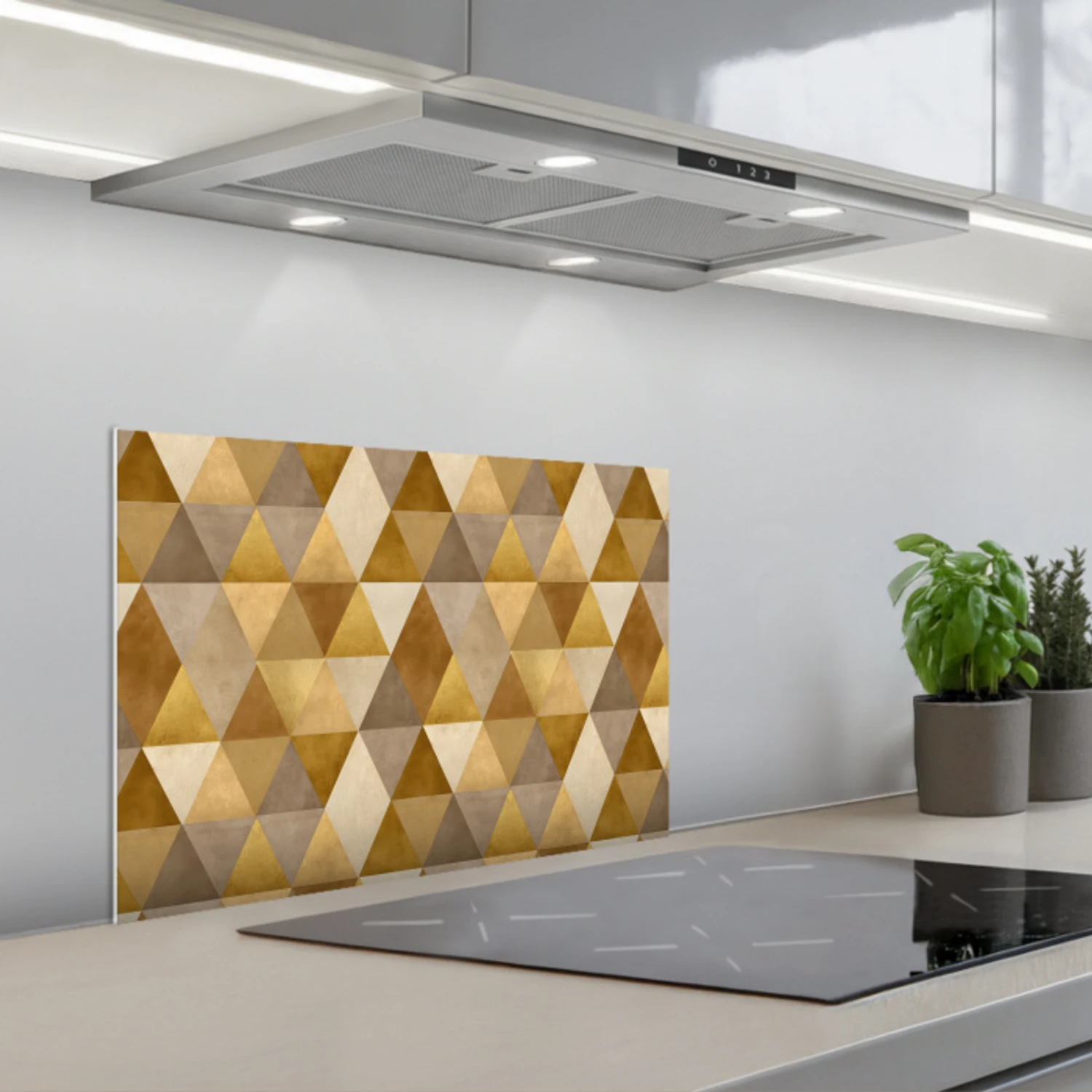 Kitchen splashback for hob - Geometric - Triangle - Gold | Kitchenyeah ...