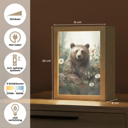Bruine beer - Wilde dieren - Bloemen - Planten Light Box met kabel (Tafellamp) klein -USP_NL