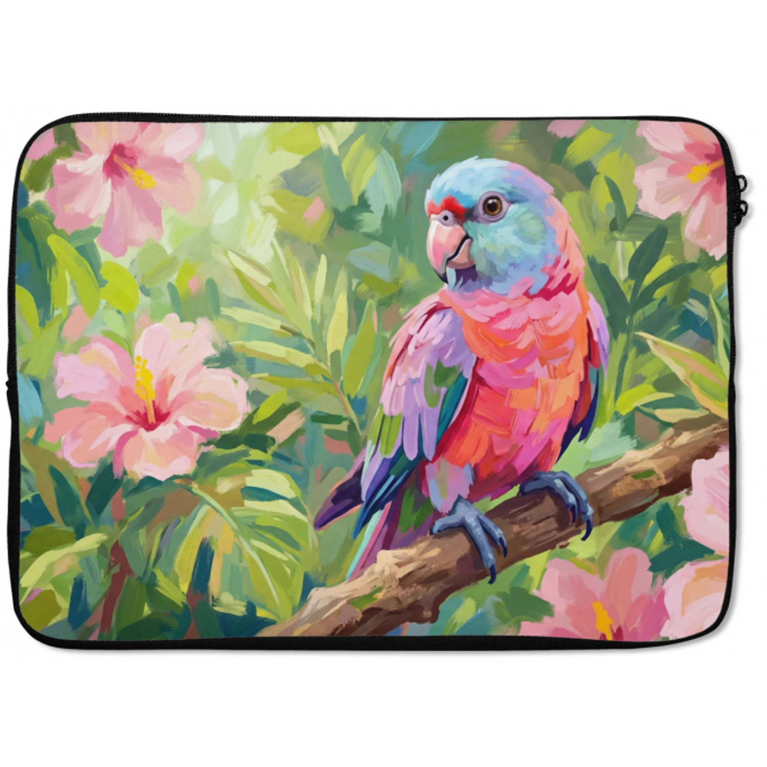 Papagaai - Hibiscusbloemen - Kleurrijk laptophoes neopreen klein -zkaufland3dotto