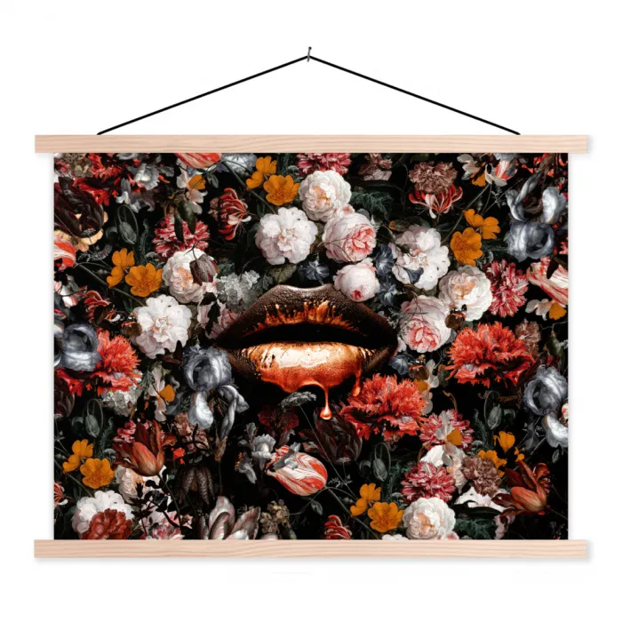 Lippen - Bloemen - Verf - Oranje - Kunst - Abstract - Oude meesters textielposter latten blank klein -3d