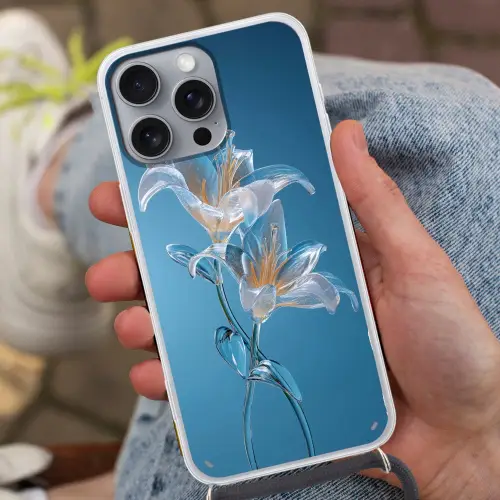 Lelies - Blauw - Glazen Hoesje iPhone 16 Pro Max met koord klein -sfeer3