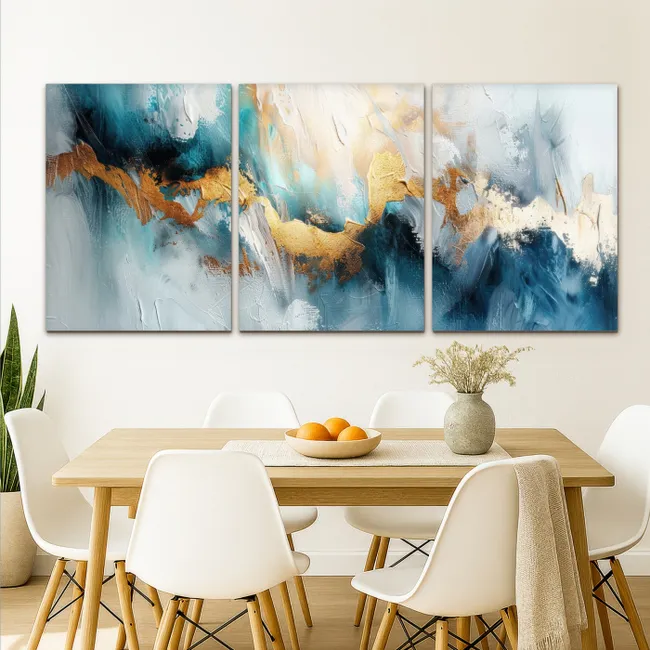 Meerluik schilderij - 3 luiken - Blauw - Abstract - Wit - Goud - Verf